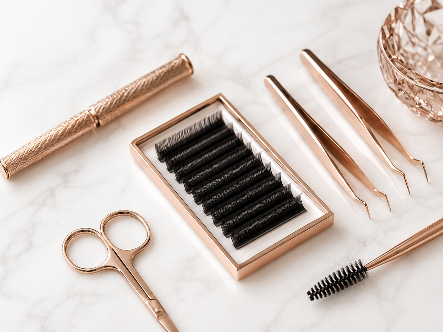 Beauty tools on a white marble surface, including false eyelash extensions, tweezers, a spoolie brush, scissors, a decorative container, and a textured roller.