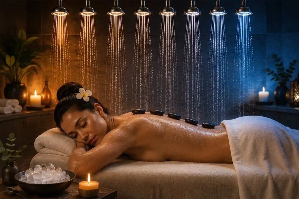 A woman receiving a hot stone massage in a spa, with stones placed along her back and water from overhead showerheads.