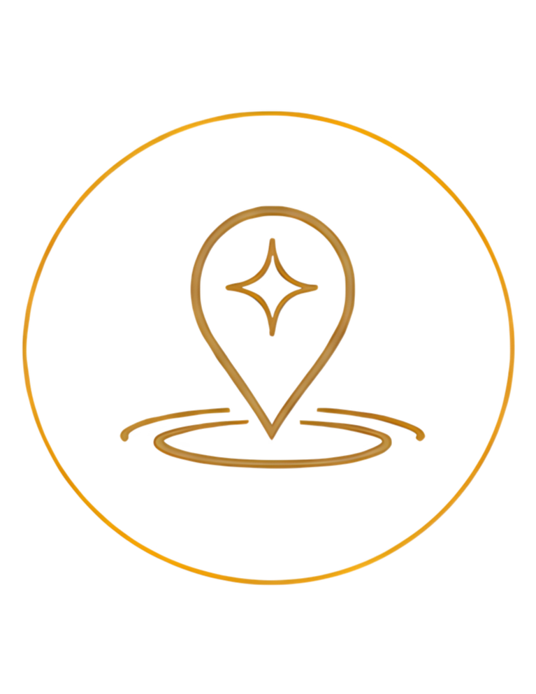 Stylized icon of a map pin with a star inside it, hovering over a 3D podium or platform with blue, gray, and red sections, enclosed within a circular border.