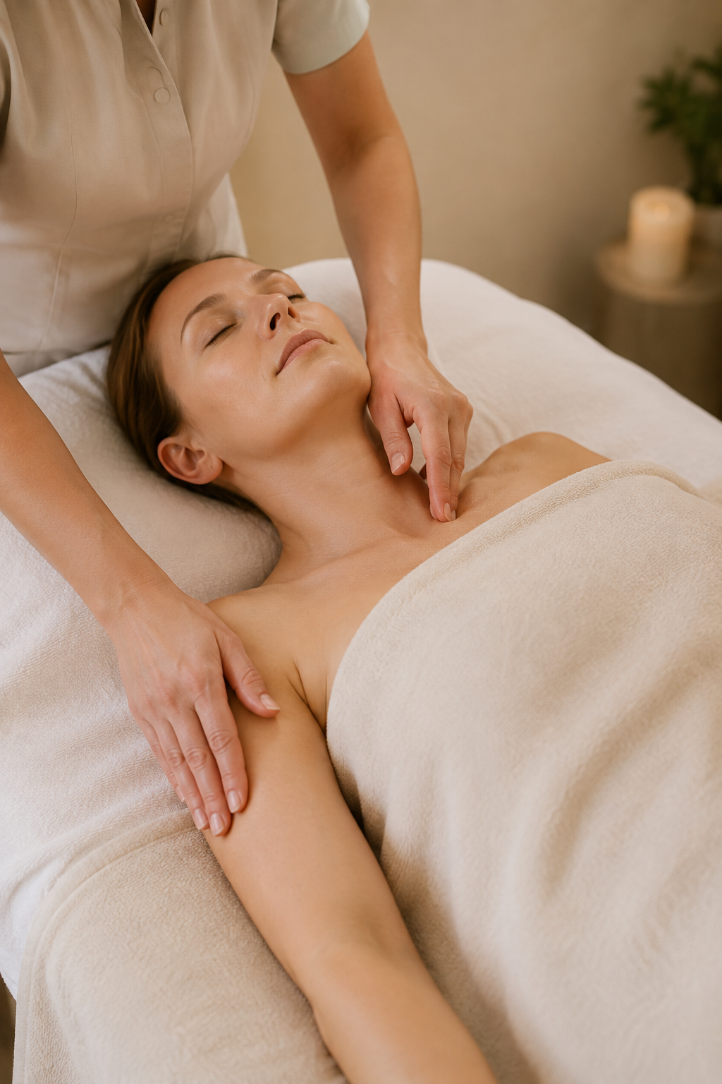 A woman receives a massage on her neck and shoulders at a spa, lying on a massage table covered with a beige towel, with a relaxed expression and eyes closed.