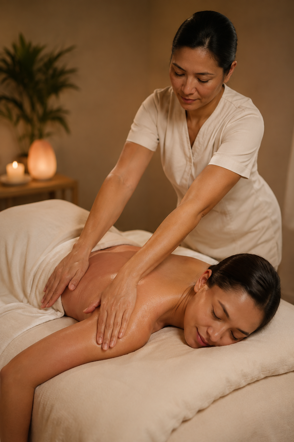 A masseuse giving a massage to a woman lying face down on a massage table in a room with warm lighting and candles.