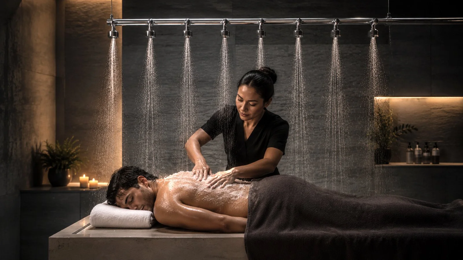 A person receives a massage in a spa, lying face down on a massage table with a rolled towel under their head, while a therapist applies lotion or oil to their back. The spa room has dim lighting, candles, and a modern shower setup with multiple shower heads overhead.