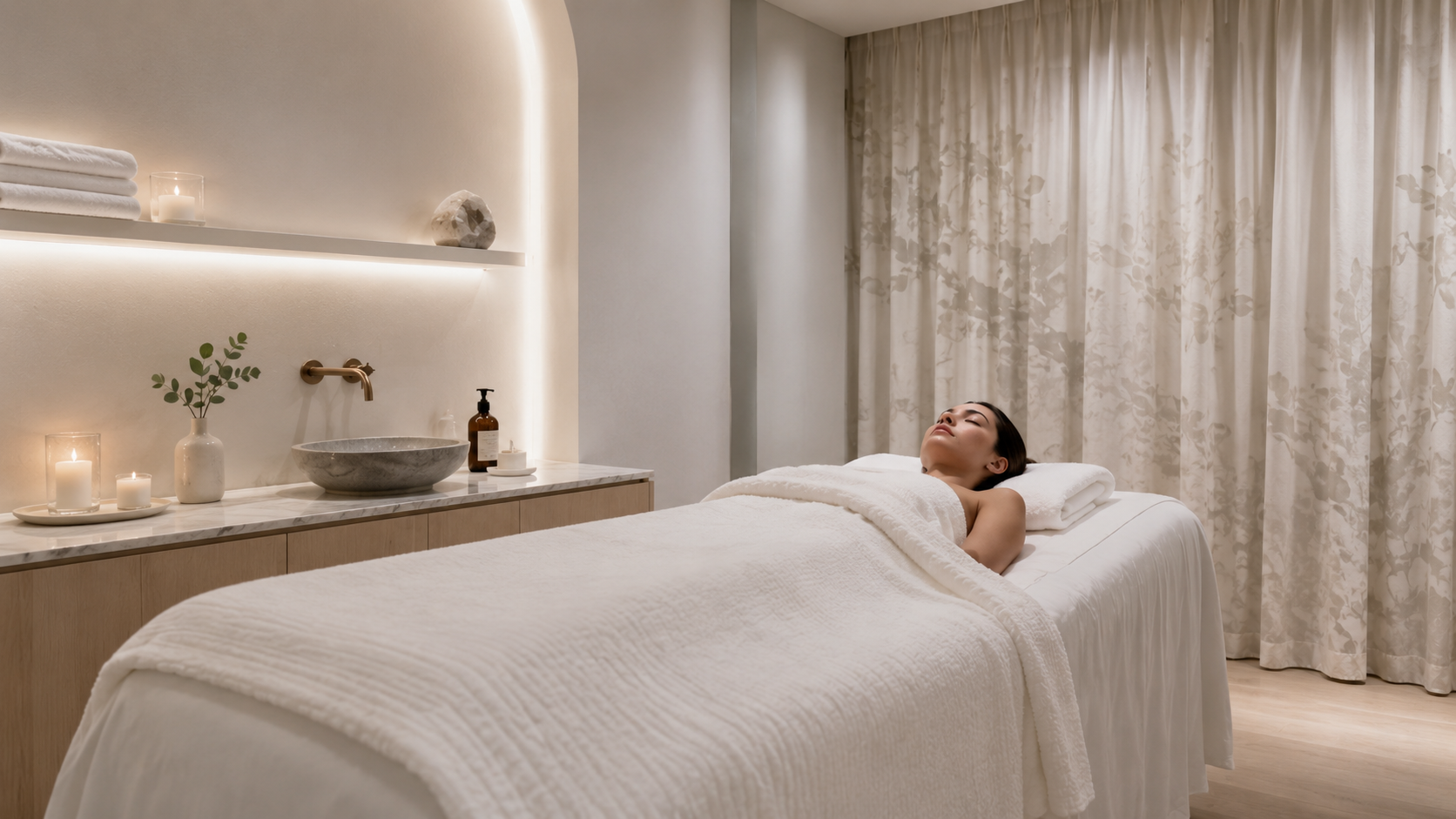 A woman lying on her back on a massage table in a spa or massage room, covered with a white towel, relaxing with her eyes closed. The room is decorated with neutral tones, candles, and soft lighting.
