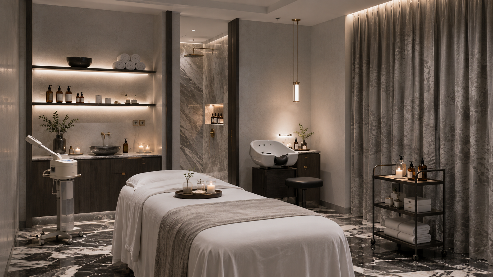 Luxurious spa room with massage table, candles, and skincare products, featuring marble flooring, a shower area with a rain showerhead, a sink with towels, and elegant curtains.