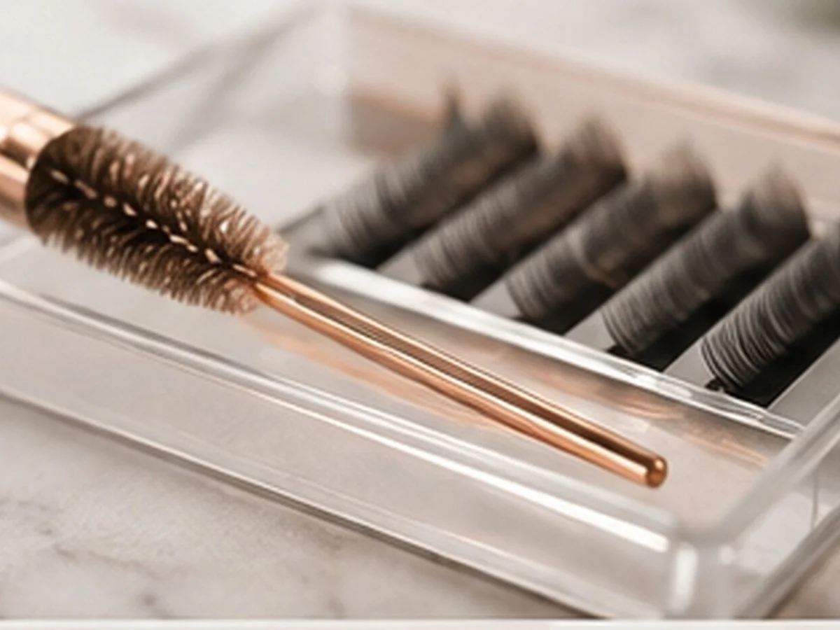 Beauty spoolie brush in a plastic case with multiple eyelash extension tools in the background.