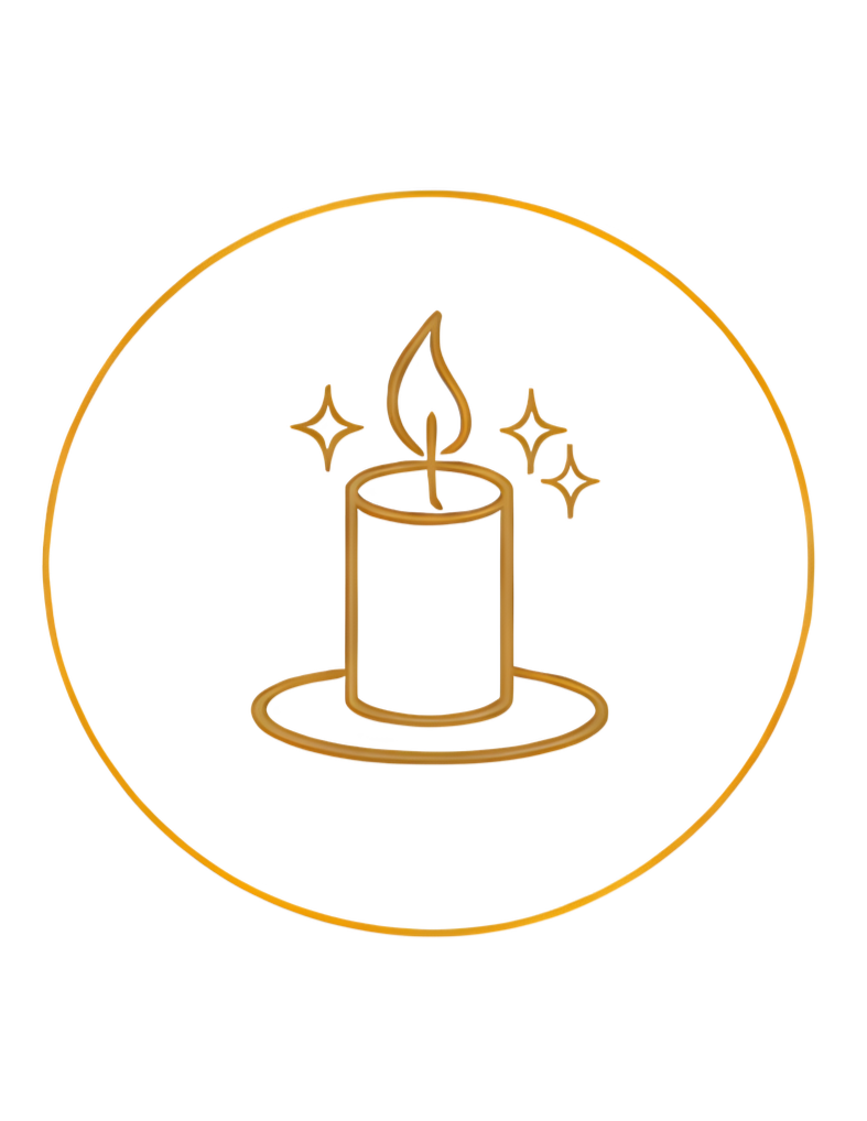 A graphic icon of a candle with a small flame and sparkles around it, set within a circular border.