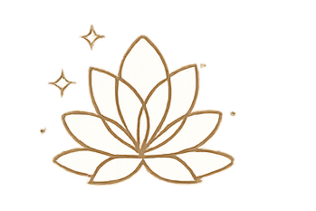 A stylized white and gold lotus flower with sparkling stars around it.