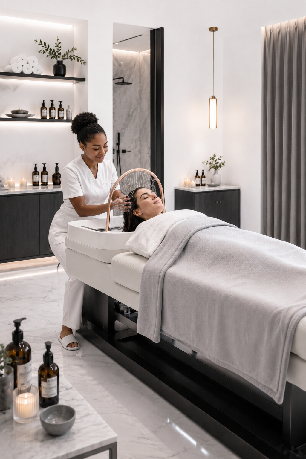 A woman receiving a scalp wash in a modern spa treatment room.