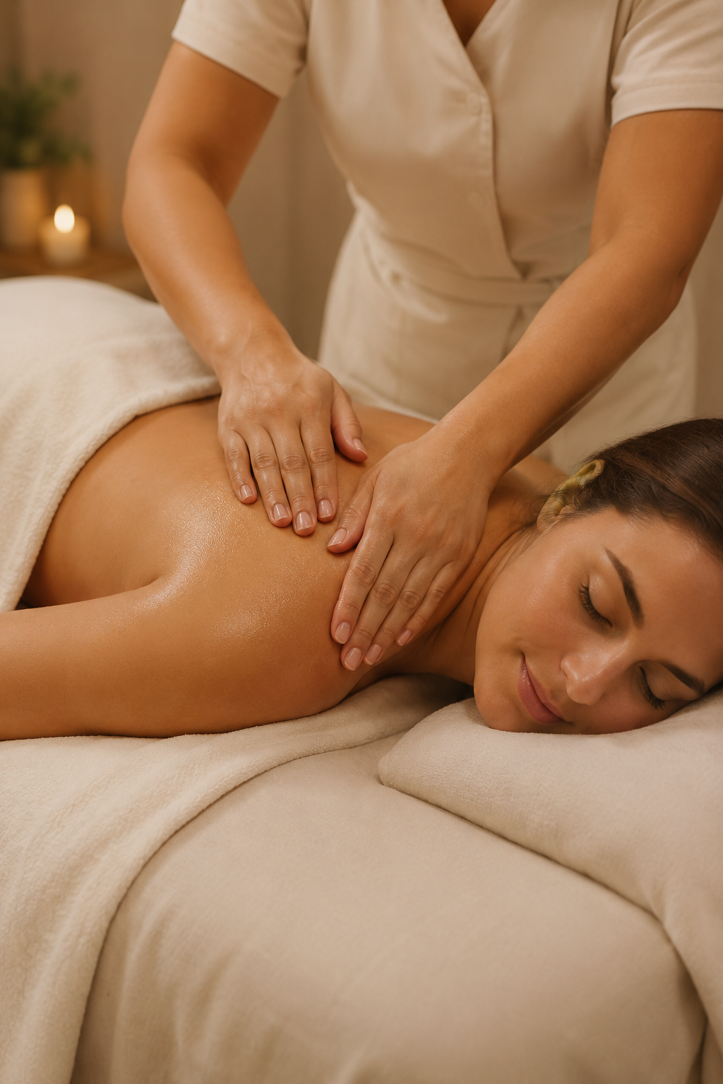 A woman receiving a back massage at a spa while lying on her stomach, with a massage therapist applying pressure to her back.