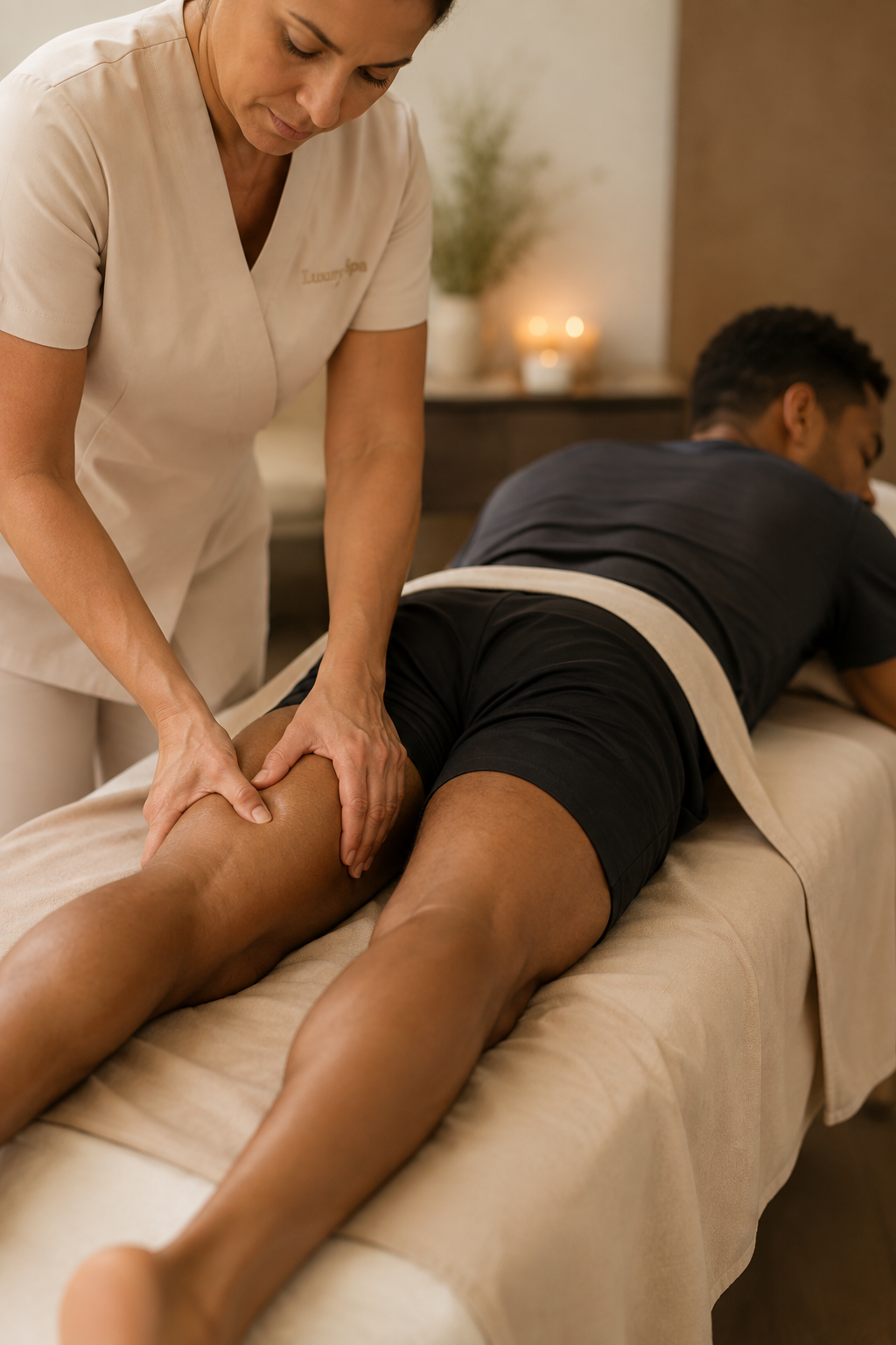 A woman giving a massage to a man lying face down on a massage table, in a relaxing spa setting with candles and plants in the background.