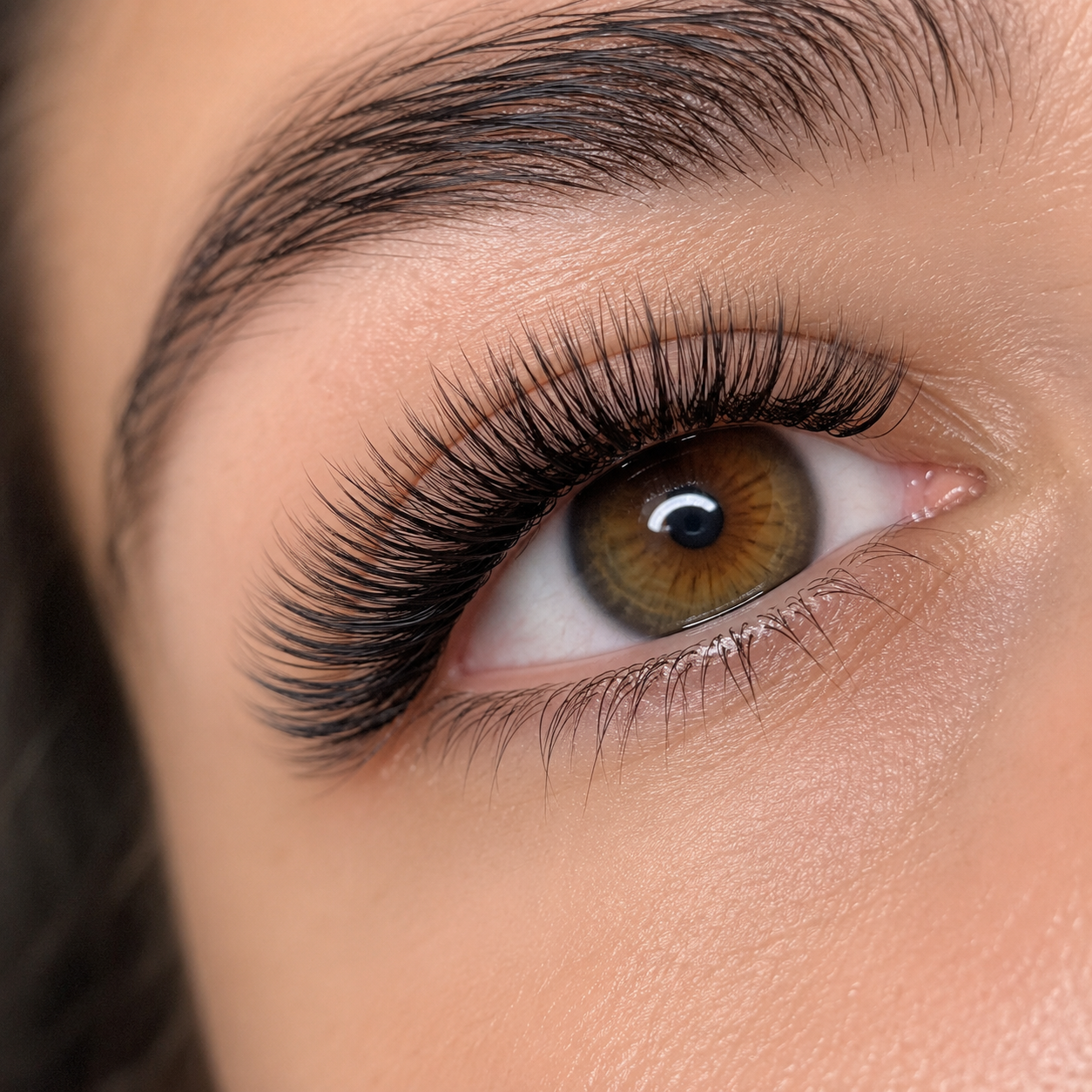 Close-up of a brown eye with long, curled eyelashes and well-groomed eyebrows, showing intricate details of the skin around the eye.