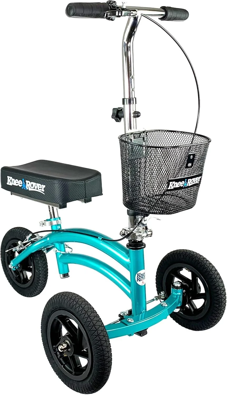 Light blue knee scooter with black wheels and basket for mobility aid.