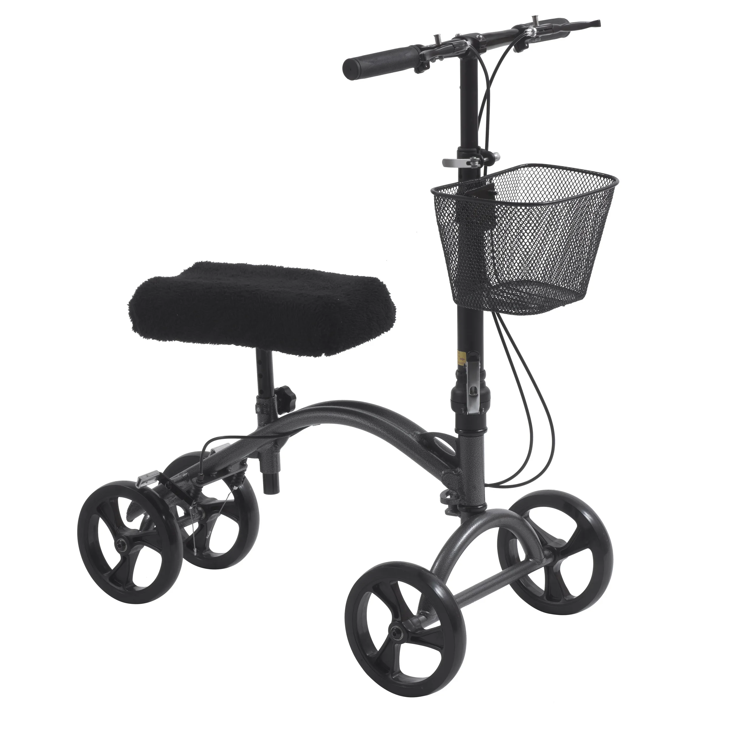 A black mobility scooter with a padded seat, basket, and four wheels.