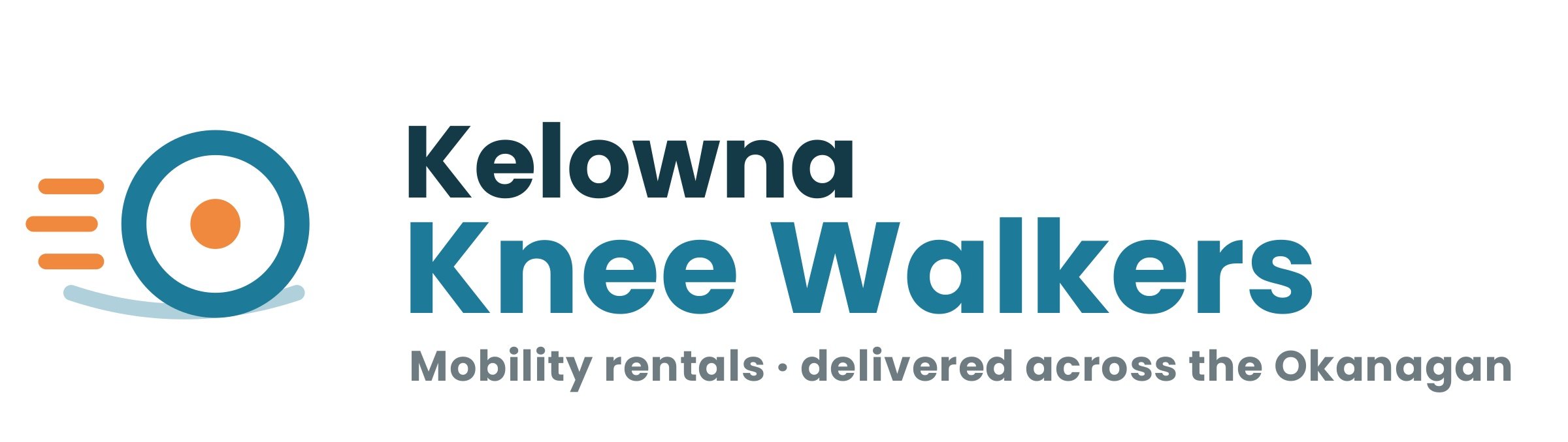 Logo for Kelowna Knee Walkers with a stylized blue and orange knee walker and text indicating mobility rentals delivered across the Okanagan.