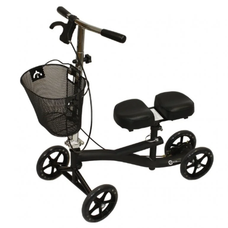 Black mobility scooter with a basket in the front and a seat with back support.