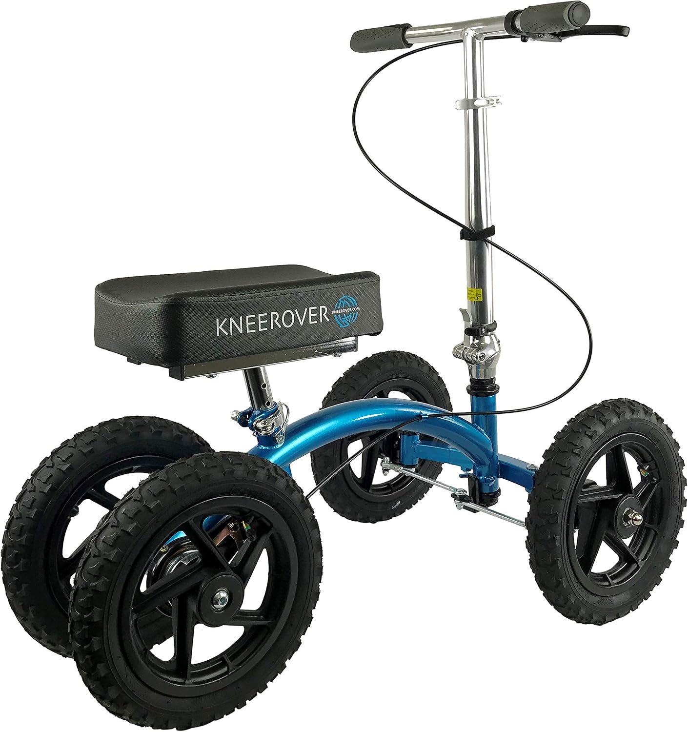 A small blue four-wheeled mobility scooter with a black seat labeled 'KNEEROVER', featuring large rugged tires and a handlebars for steering.
