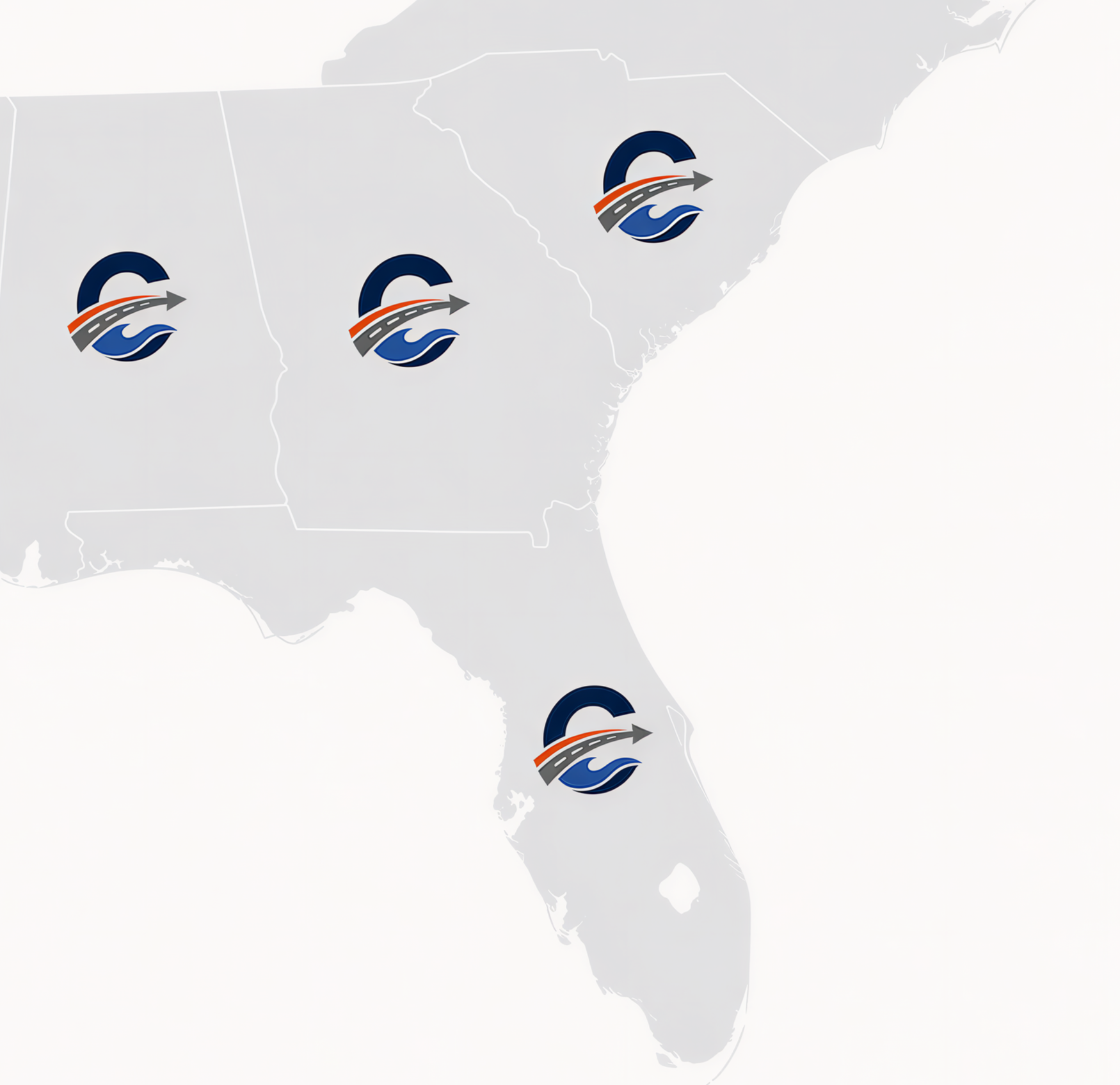 Map of southeastern United States with logos representing Gulf Coast and Atlantic Coast regions, showing routes or service areas.