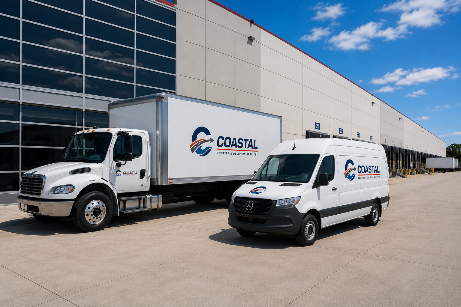 Two white delivery trucks parked outside a large industrial building with loading docks. The trucks are labeled with the Coastal Courier & Delivery Services logo.