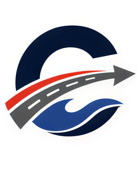 A logo with a stylized road and wave design in blue, gray, red, and black colors.