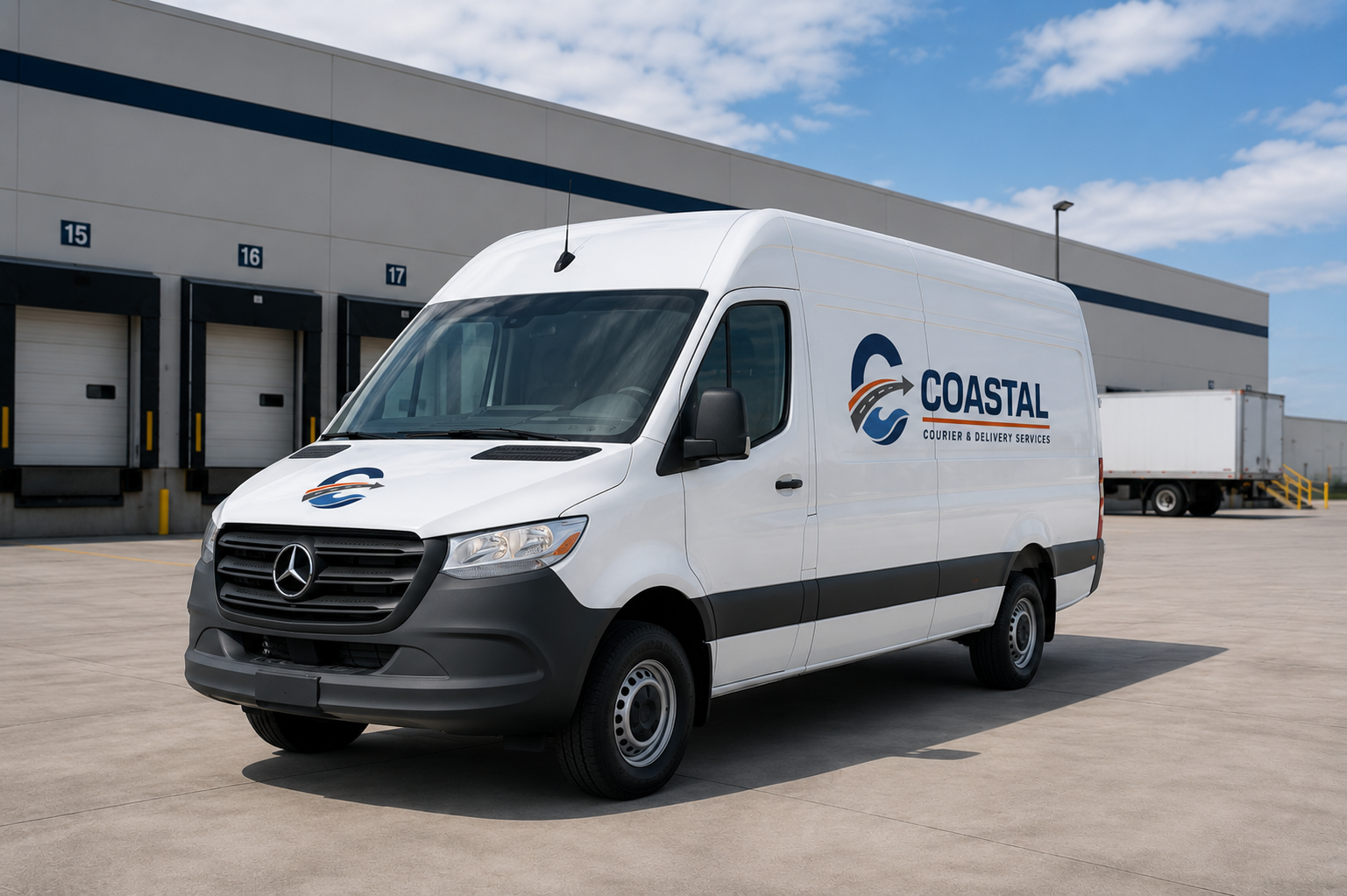 White courier van with Coastal Courier & Delivery Services logo parked in a loading dock area with a warehouse in the background