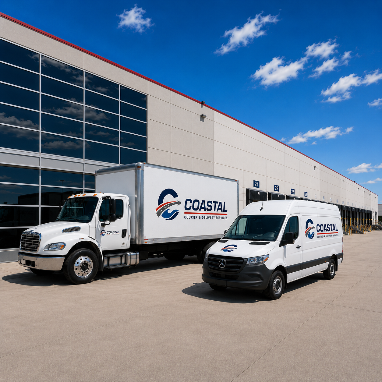 Two white delivery trucks with Coastal Courier & Delivery Services logos parked outside a large warehouse with loading docks.
