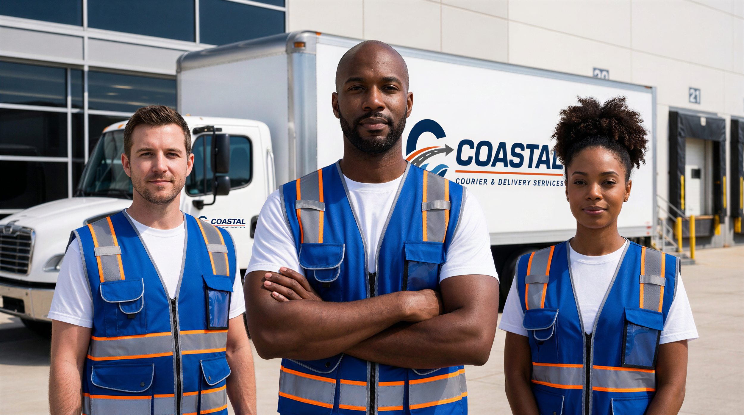 Three delivery workers wearing blue safety vests and white shirts standing in front of a Coastal Courier & Delivery Services truck.