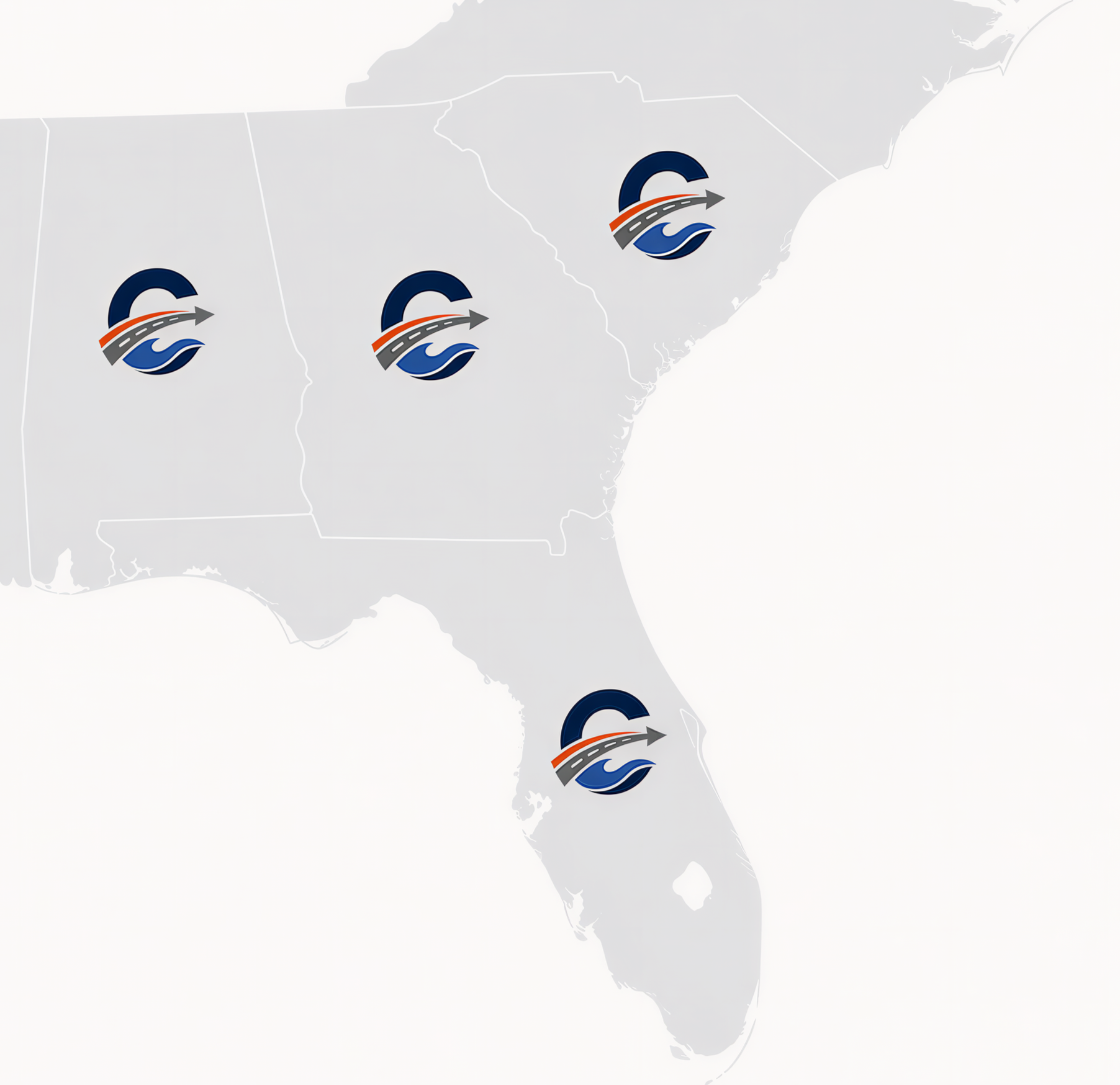 Map of the southeastern United States featuring multiple location markers with a logo of a road, a wave, and an arch with an arrow.