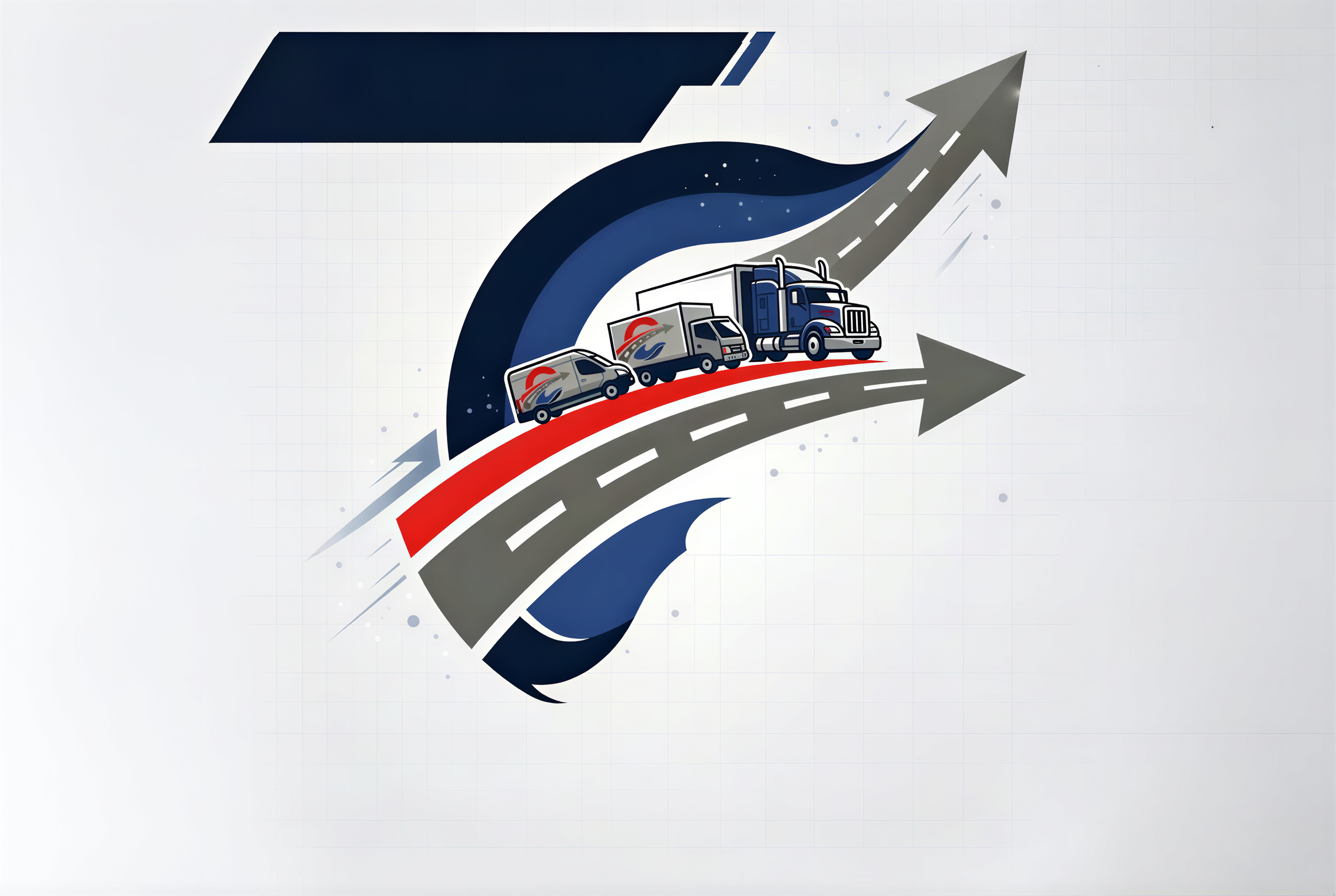 Illustration of various vehicles, including a small car, a delivery truck, and a semi-truck, traveling on a curved road with an upward arrow bearing forward movement in the background, symbolizing transportation and progress.