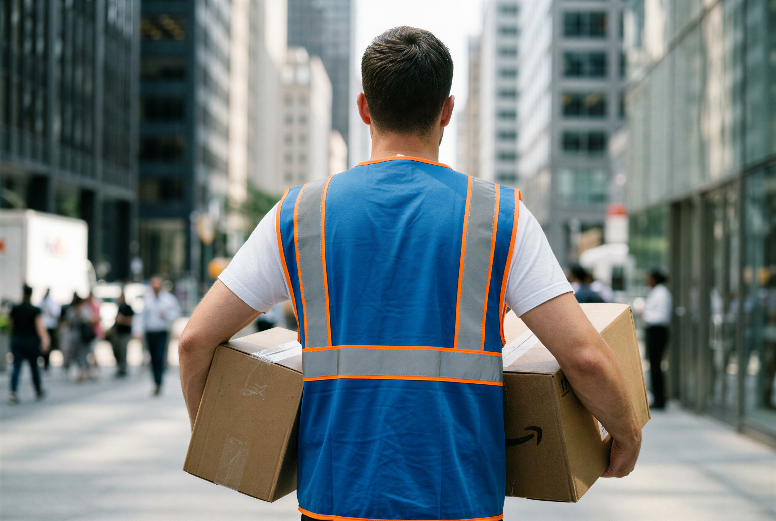 A man wearing a blue safety vest is seen from behind, carrying a cardboard box in an urban setting with tall glass buildings and pedestrians.