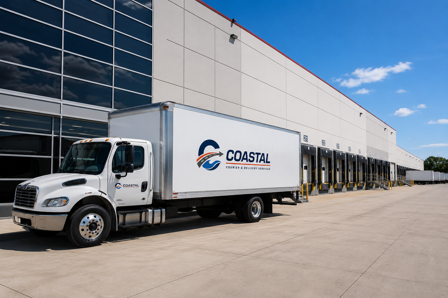 A white delivery truck with the Coastal Courier & Delivery Services logo parked outside a large warehouse with loading docks on a sunny day.