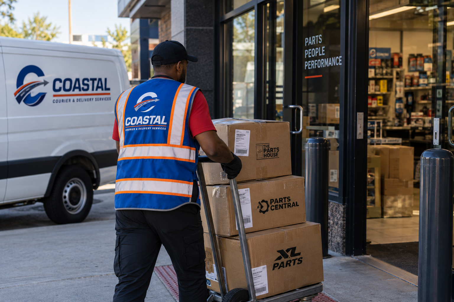 A person wearing a black beanie and yellow vest pushes a cart loaded with boxes across a wet city street. In the background, pedestrians walk, vehicles are parked, and a traffic light shows red. The scene is in an urban area with brick buildings, including one with a sign that reads 'Patagonia' and a street sign labeled 'Bowery'.