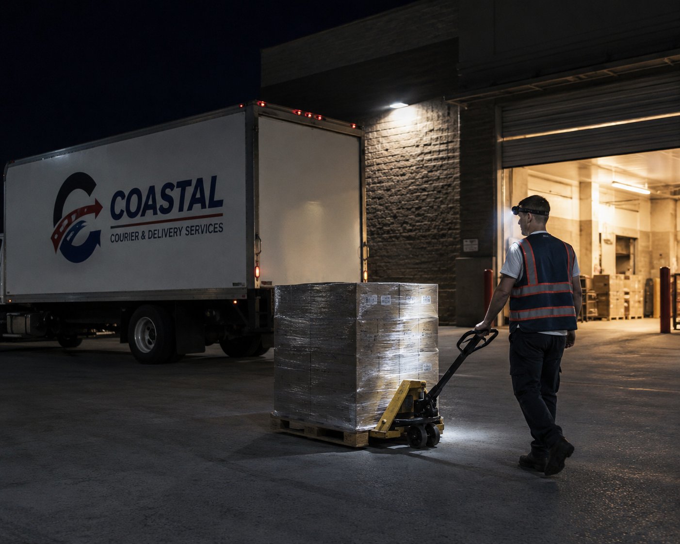 A worker in a safety vest and headlamp operating a pallet jack with stacked boxes outside a warehouse at night. A box truck labeled 'Coastal Courier & Delivery Services' is parked nearby.