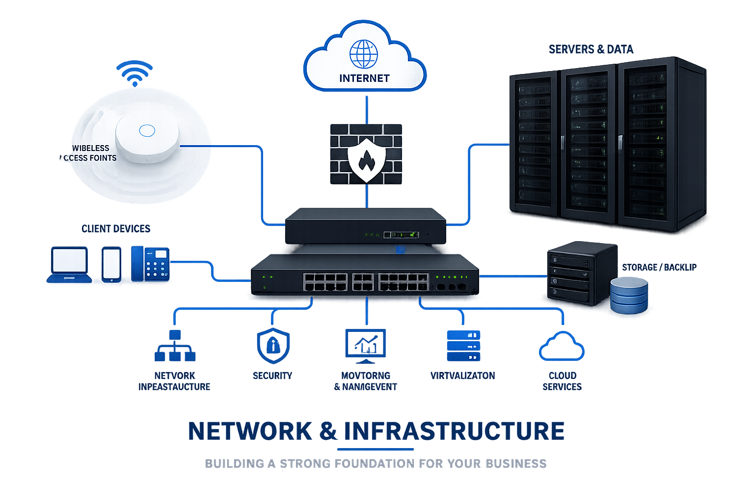Diagram of network and infrastructure components including client devices, wireless access points, servers, data storage, security firewalls, and cloud services, illustrating a business technology setup.