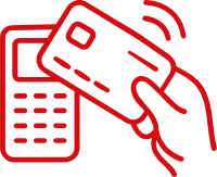 Hand holding a credit card near a point-of-sale terminal or payment device.