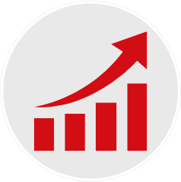 Red ascending bar chart with an upward arrow in a gray circle.