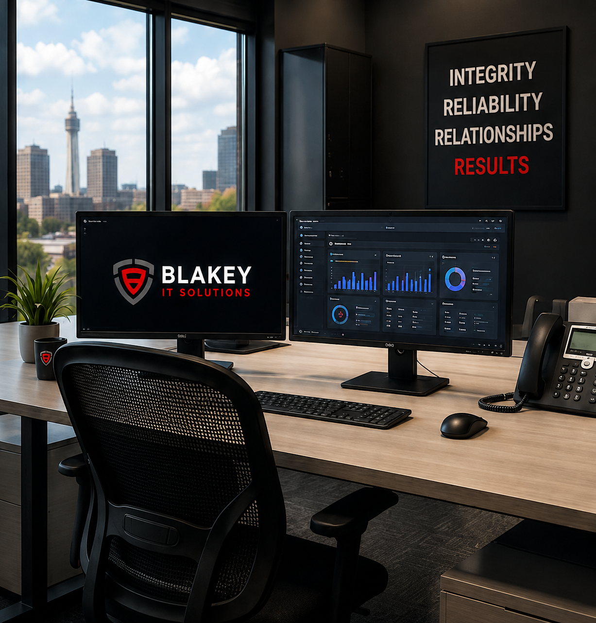 Modern office space with dual monitors displaying data dashboards, a desk phone, and a motivational wall sign with the words 'Integrity, Reliability, Relationships, Results'. The office has a city skyline view through large windows, a plant, and a Blakey IT Solutions logo on the monitors.