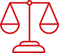 Line drawing of balanced scales in red.