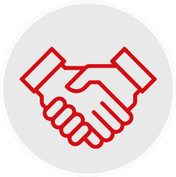 Simplified illustration of a handshake in red lines on a gray circular background.