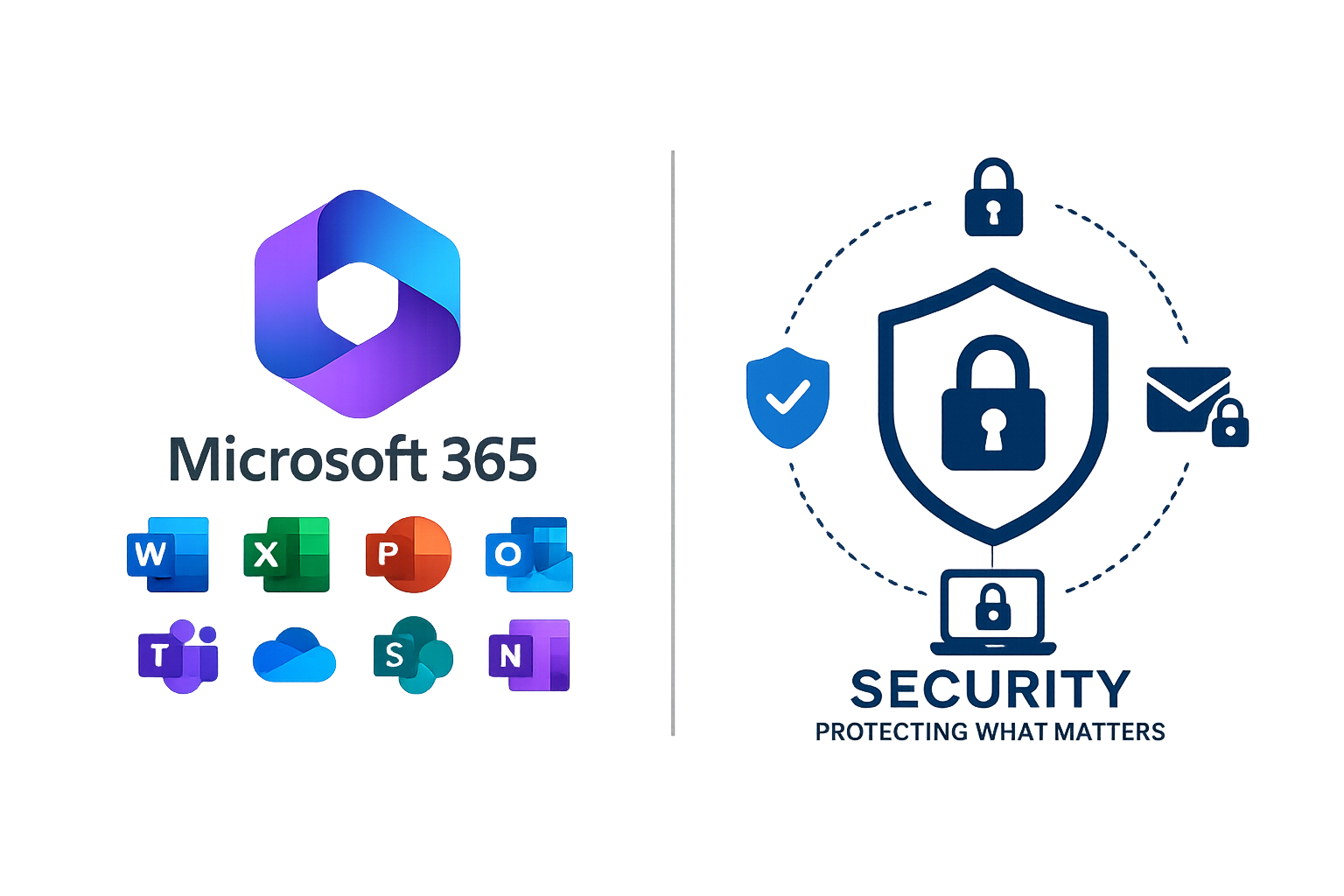 Digital illustration of Microsoft 365 logo and security icons with text 'SECURITY' and 'PROTECTING WHAT MATTERS' on a blue background.