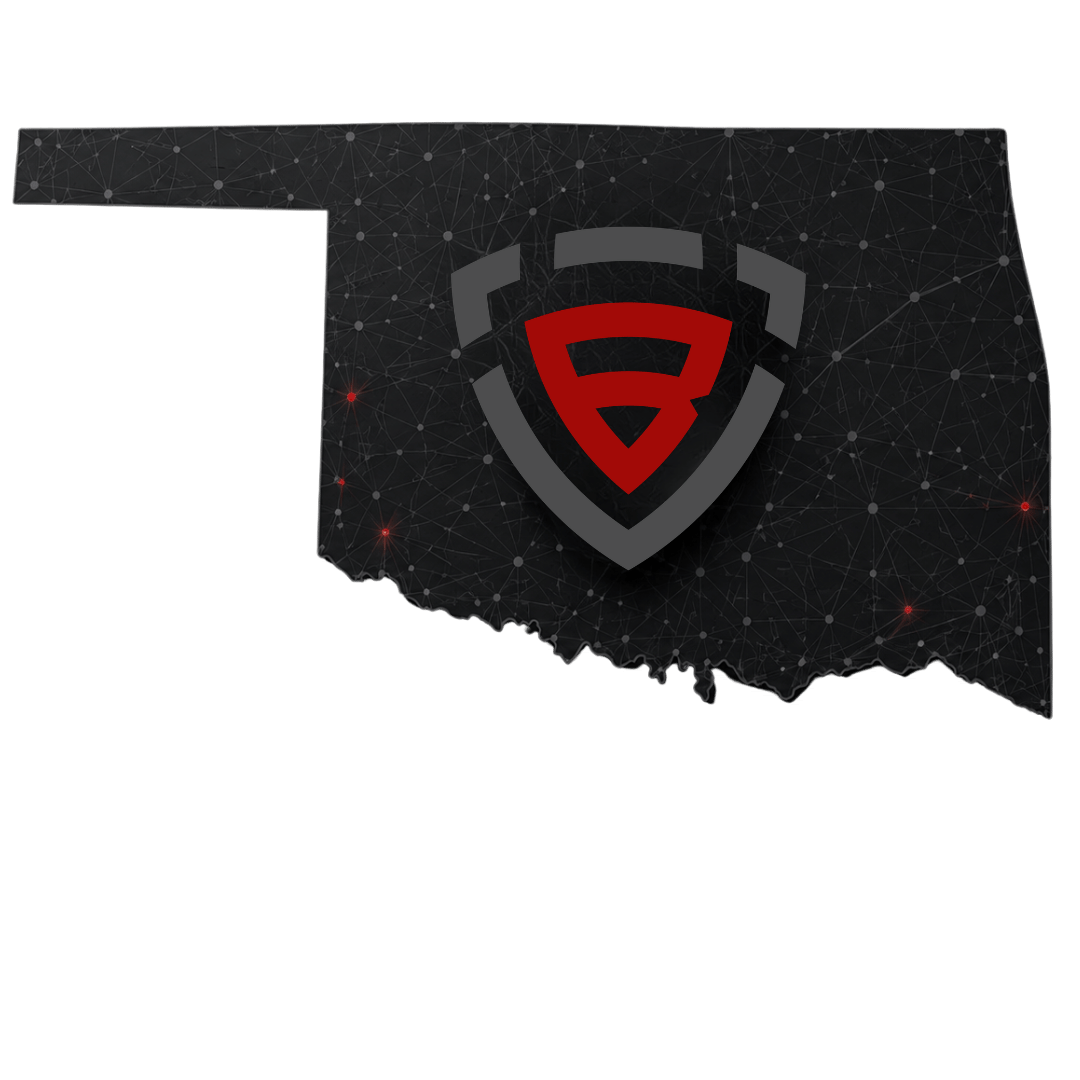 Digital illustration of Oklahoma state map with a cybersecurity shield icon in the center, featuring interconnected nodes and lines in the background.