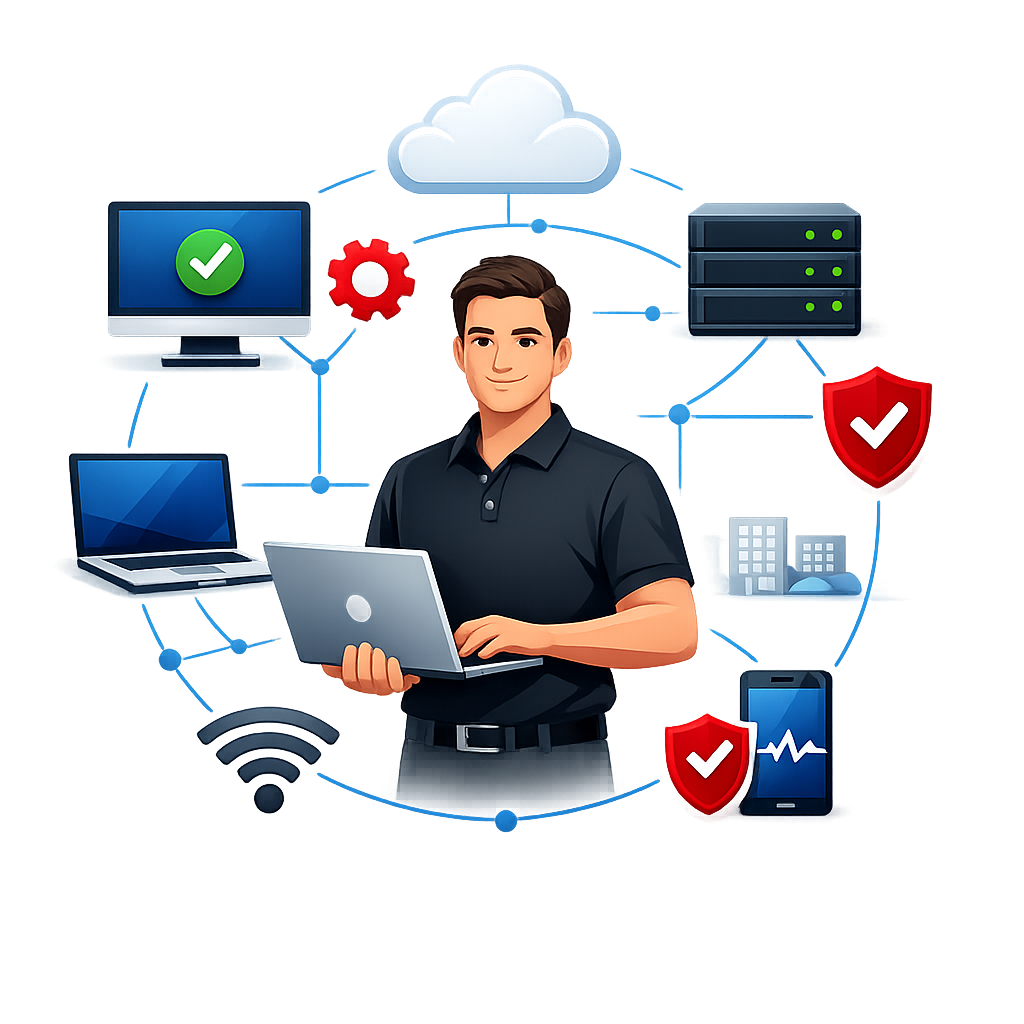 Illustration of a man holding a laptop, surrounded by icons representing cloud computing, security shields with check marks, servers, a Wi-Fi symbol, a desktop monitor with a check mark, a laptop, a smartphone with a health monitor, and a gear, indicating technology and cybersecurity.