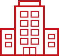 Outline of a multi-story building with a central section and two smaller side sections, depicted in red.
