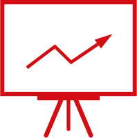 Black presentation board with red upward trending graph line and arrow