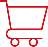 Simple red outline drawing of a shopping cart on a white background.