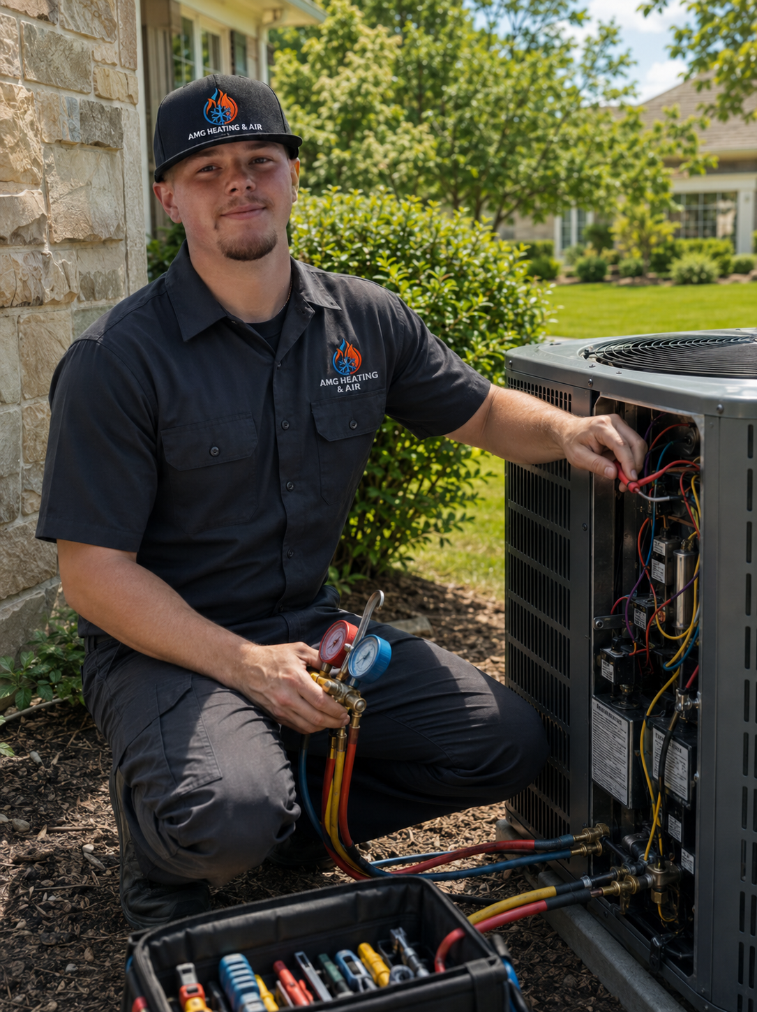 A technician from AMG Heating & Air installing or servicing an air conditioning unit outdoors on a sunny day.