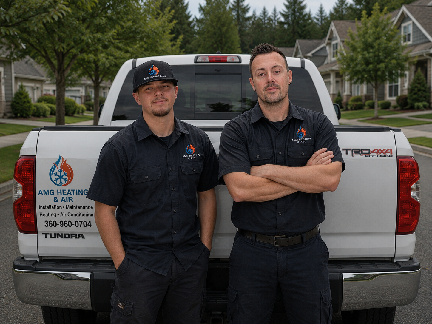 Two men in black uniforms standing in front of a silver pickup truck with company logo and information, on a suburban street with trees and houses in the background.