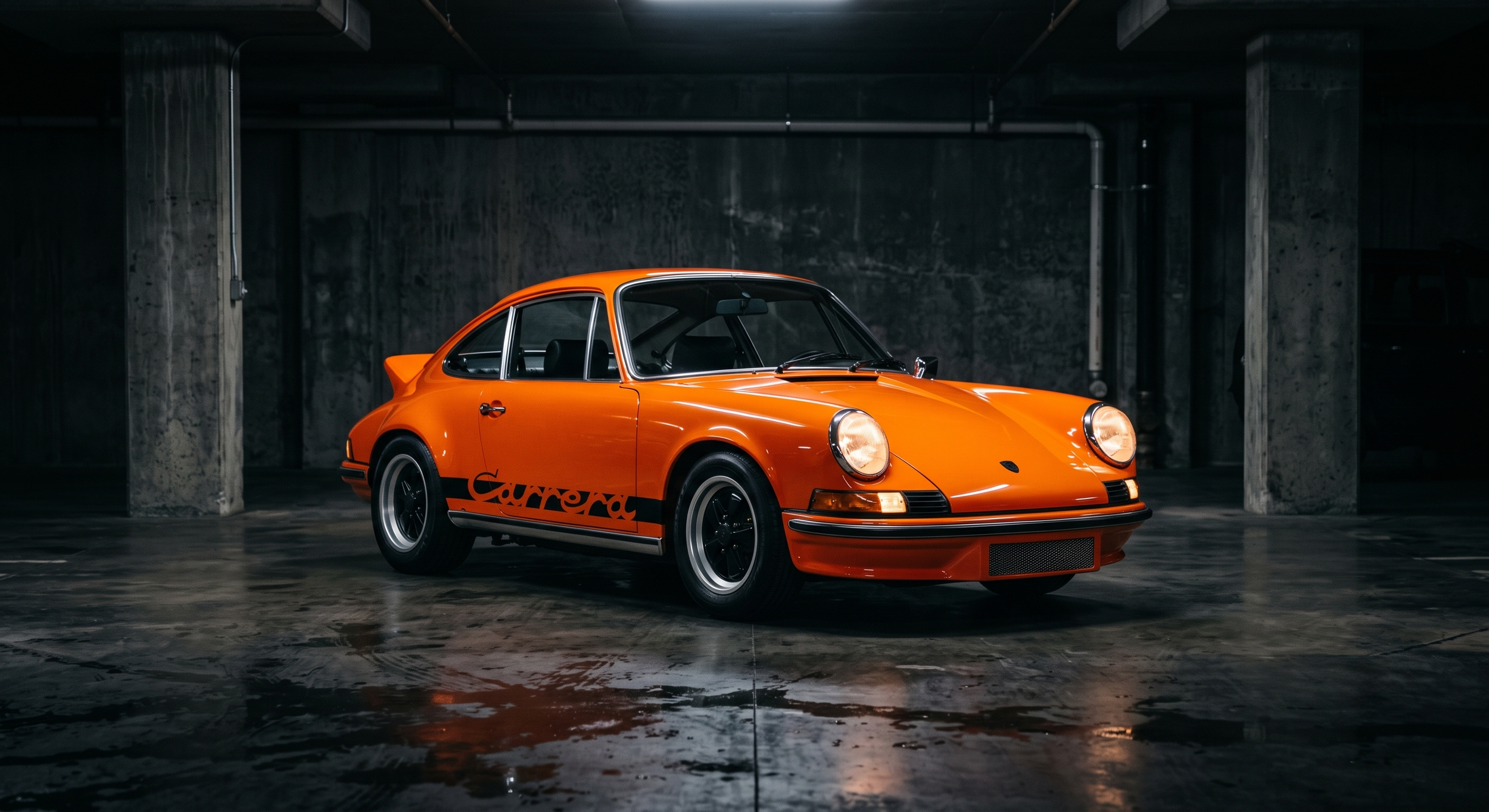 An orange classic Porsche 911 Carrera with black accents parked in an underground parking garage.