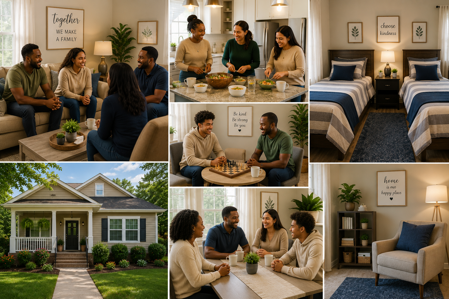 Collage of images featuring a house and multiple scenes of people enjoying time together indoors, including cooking, playing chess, and socializing, with homey decor and cozy bedrooms.