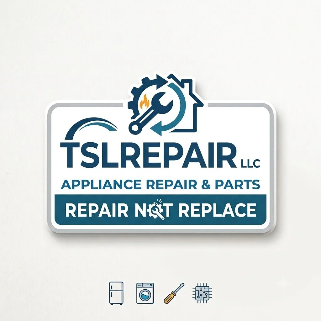 Sign for TSLRepair LLC saying 'Appliance Repair & Parts' with the slogan 'Repair Not Replace'. Icon of a washing machine, refrigerator, screwdriver, and electronic circuit under the sign.
