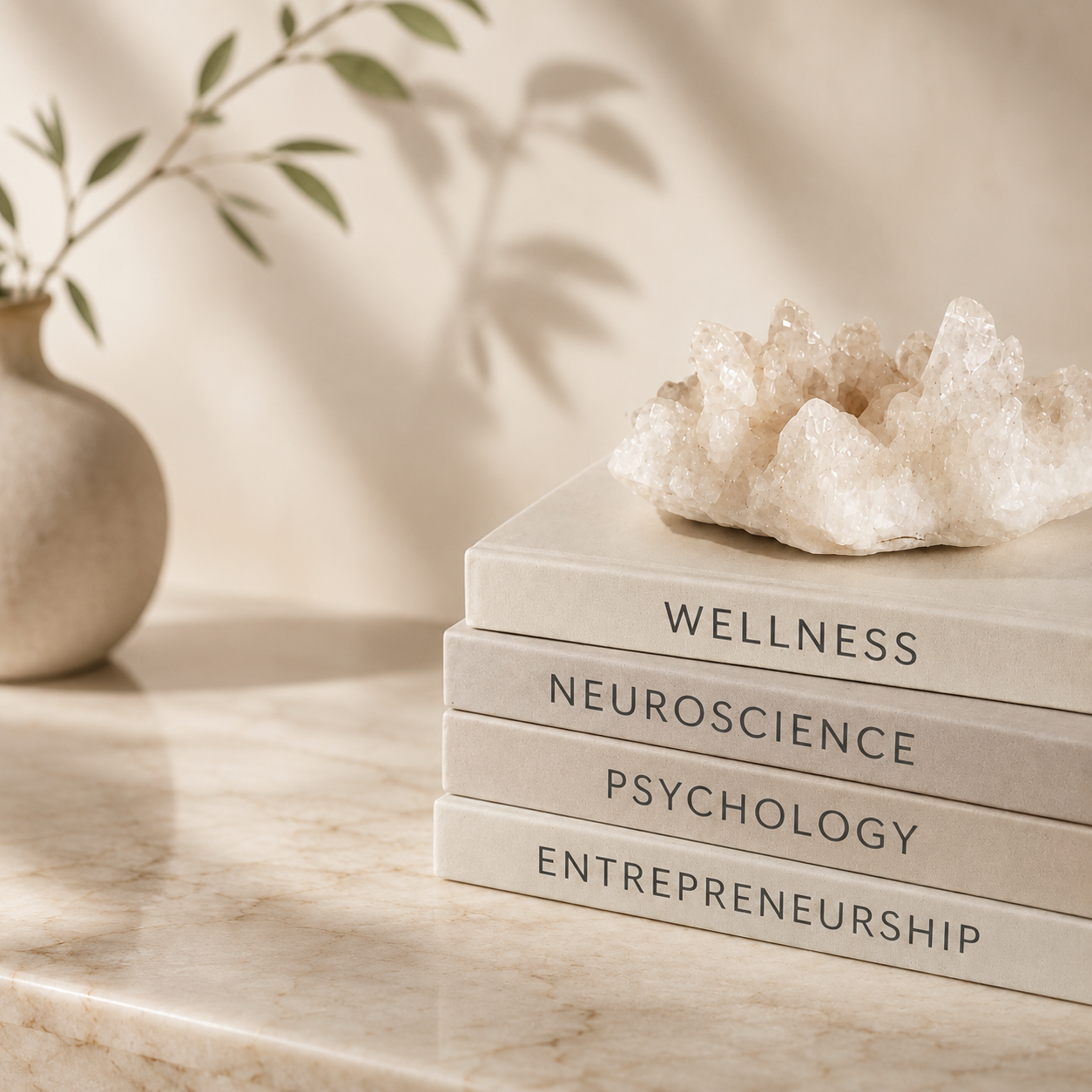 Stack of five books with titles Wellness, Neuroscience, Psychology, and Entrepreneurship on a marble surface, with a white crystal on top, and a beige vase with green leaves in the background.